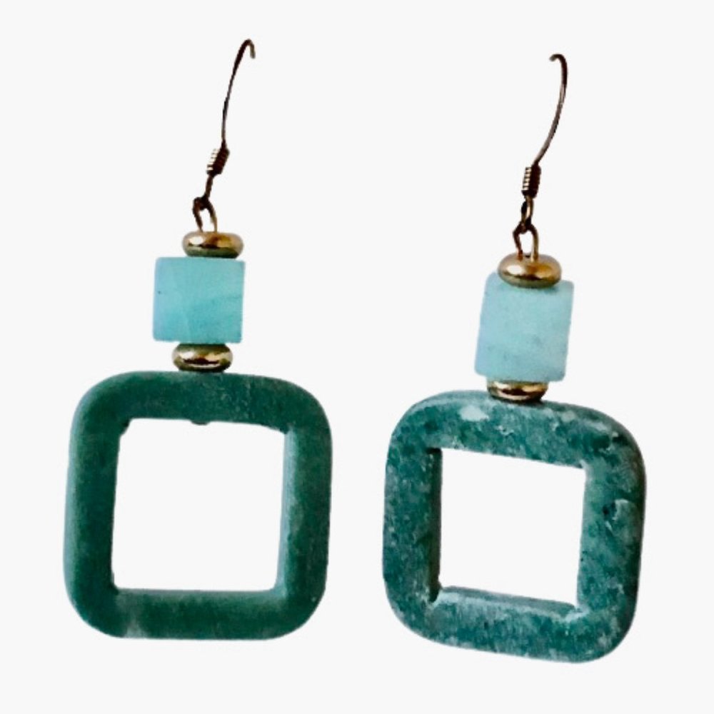 Jade Square Hoop Earrings Dangle Drop Hook French Wires Pierced Ears
